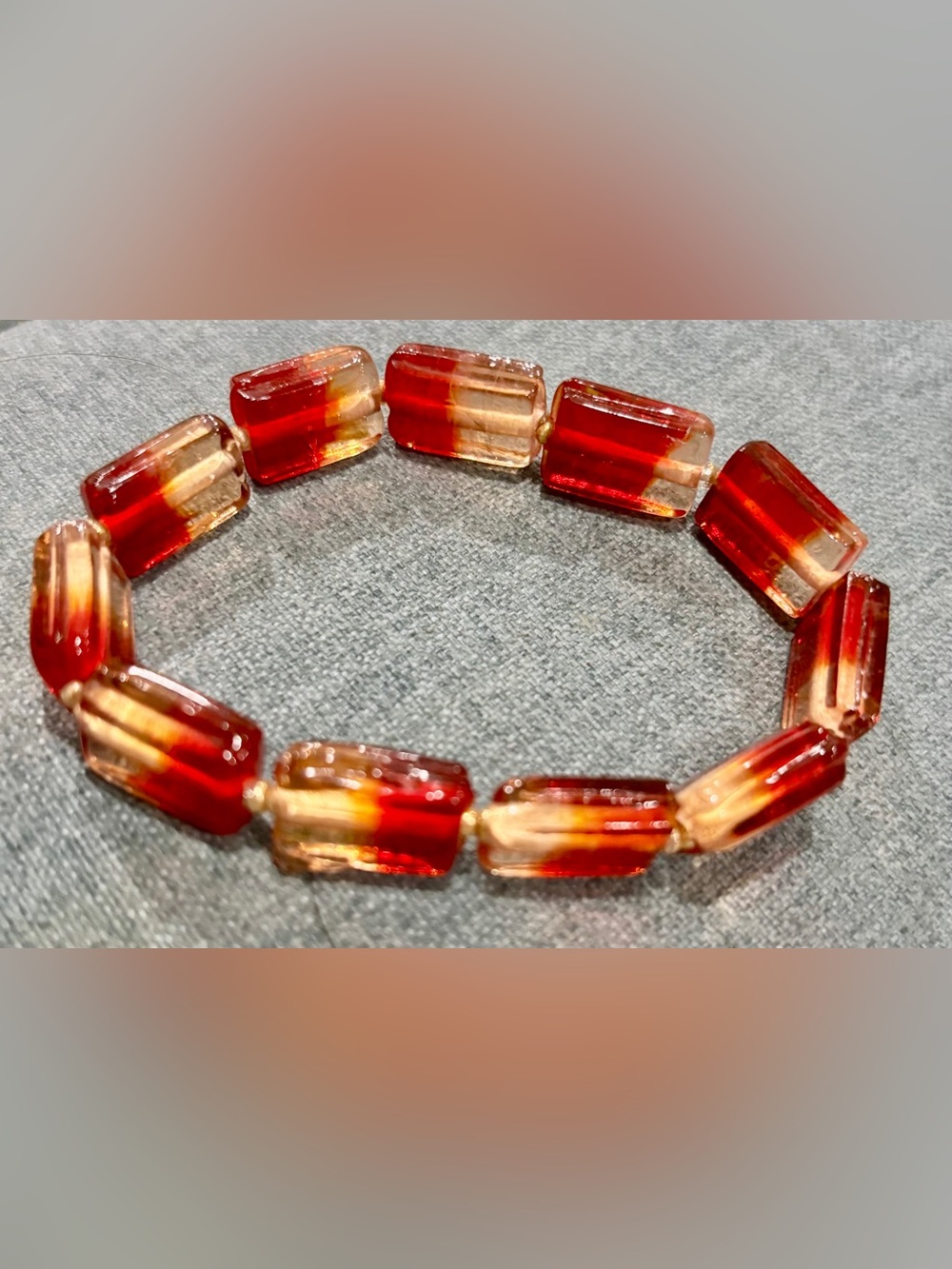 Glass Beaded Stretch Bracelet in Red/Golden Ombré Resemble Hematoid Quartz